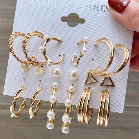 Image of 17KM Pearl Hoop Earrings Set For Women Geometric Metal Gold Color