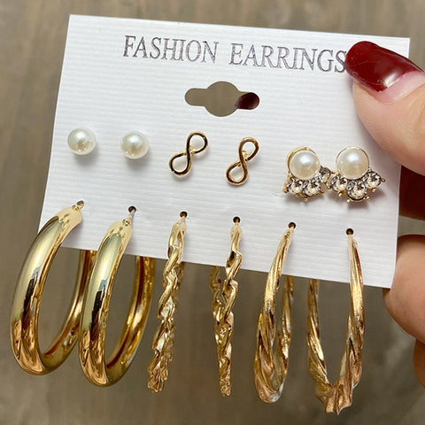 Image of 17KM Pearl Hoop Earrings Set For Women Geometric Metal Gold Color