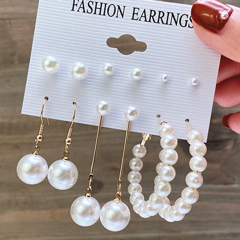 Image of 17KM Pearl Hoop Earrings Set For Women Geometric Metal Gold Color