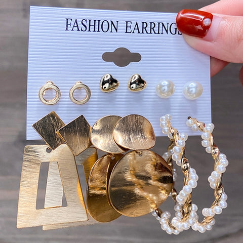 Image of 17KM Pearl Hoop Earrings Set For Women Geometric Metal Gold Color