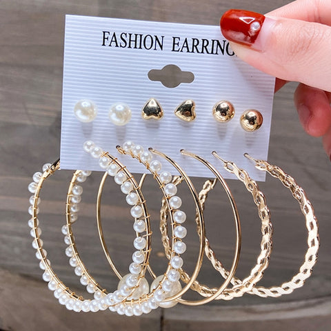 Image of 17KM Pearl Hoop Earrings Set For Women Geometric Metal Gold Color