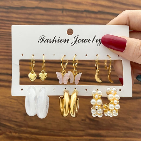 Image of 17KM Pearl Hoop Earrings Set For Women Geometric Metal Gold Color