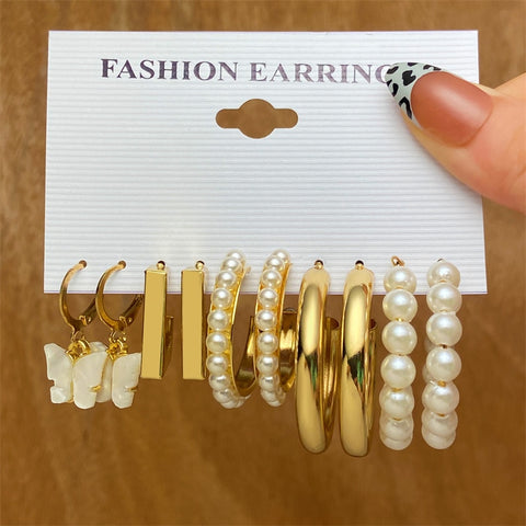 Image of 17KM Pearl Hoop Earrings Set For Women Geometric Metal Gold Color