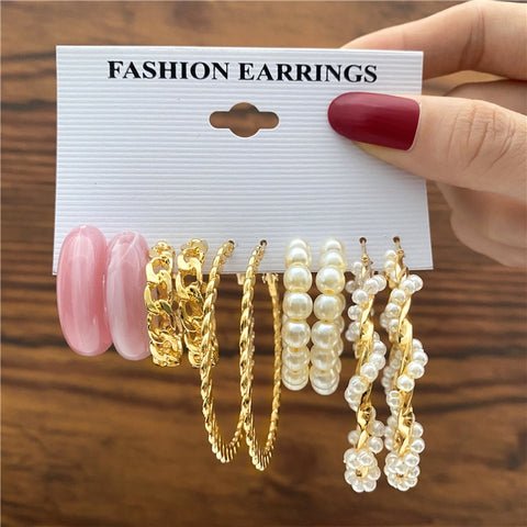 Image of 17KM Pearl Hoop Earrings Set For Women Geometric Metal Gold Color