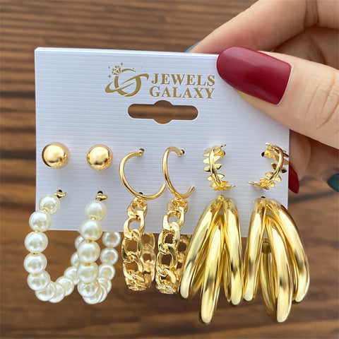 Image of 17KM Pearl Hoop Earrings Set For Women Geometric Metal Gold Color