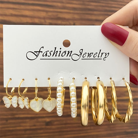 Image of 17KM Pearl Hoop Earrings Set For Women Geometric Metal Gold Color