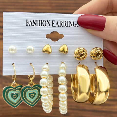 Image of 17KM Pearl Hoop Earrings Set For Women Geometric Metal Gold Color