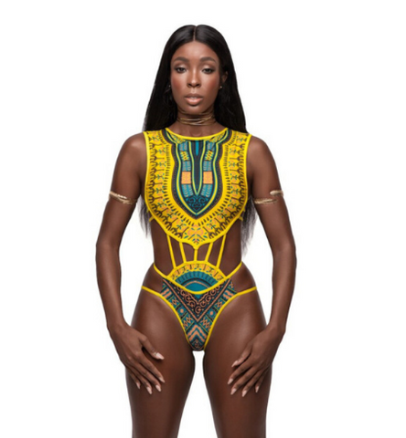 Image of High waist swimsuit with African design.