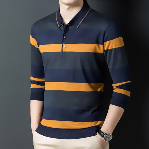 Image of Men Polo Shirt Long Sleeve Button Collar