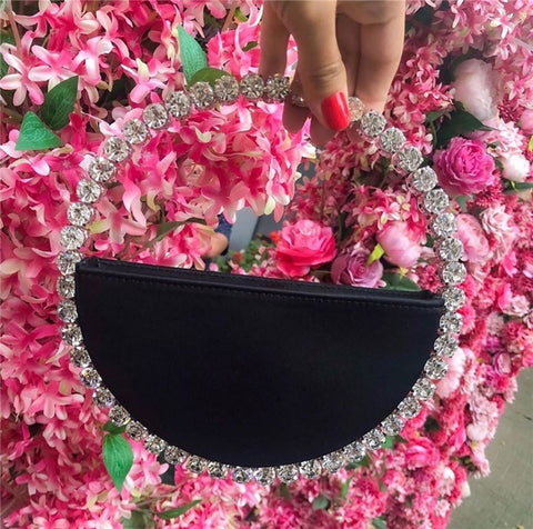 Image of Women INS Diamond Circular Evening Bag Women Round Handle Rhinestone Dinner Clutch Purse Ladies Half Moon Handbag Purse