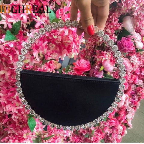 Image of Women INS Diamond Circular Evening Bag Women Round Handle Rhinestone Dinner Clutch Purse Ladies Half Moon Handbag Purse