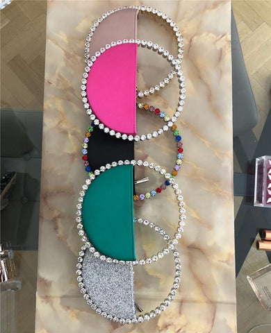 Image of Women INS Diamond Circular Evening Bag Women Round Handle Rhinestone Dinner Clutch Purse Ladies Half Moon Handbag Purse