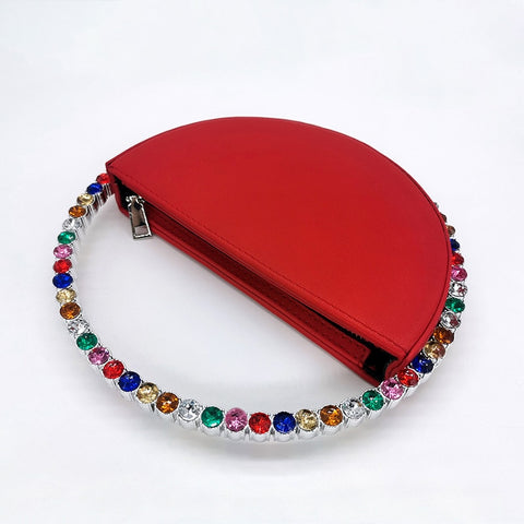 Image of Women INS Diamond Circular Evening Bag Women Round Handle Rhinestone Dinner Clutch Purse Ladies Half Moon Handbag Purse