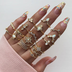 17 Pcs/set Boho Vintage Gold Color Crystal Opal Gem Ring Set Crown