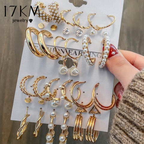 Image of 17KM Pearl Hoop Earrings Set For Women Geometric Metal Gold Color