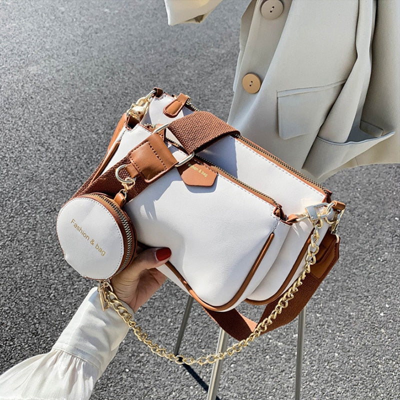 Fashion chains women shoulder bags leather lady small purse 3 bag set
