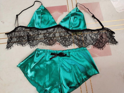 Image of 2PCS Women Underwear Sexy Silk Satin Lingerie Pajamas