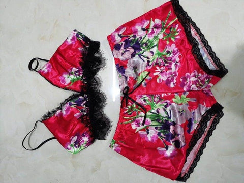 Image of 2PCS Women Underwear Sexy Silk Satin Lingerie Pajamas