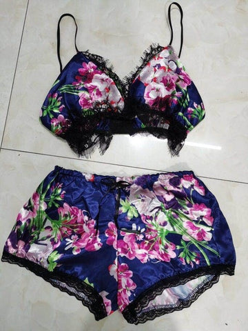 Image of 2PCS Women Underwear Sexy Silk Satin Lingerie Pajamas