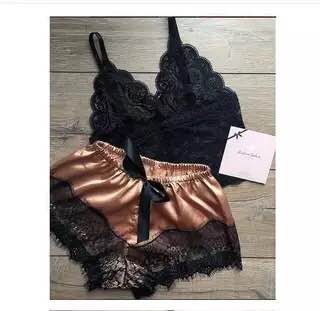 Image of 2PCS Women Underwear Sexy Silk Satin Lingerie Pajamas