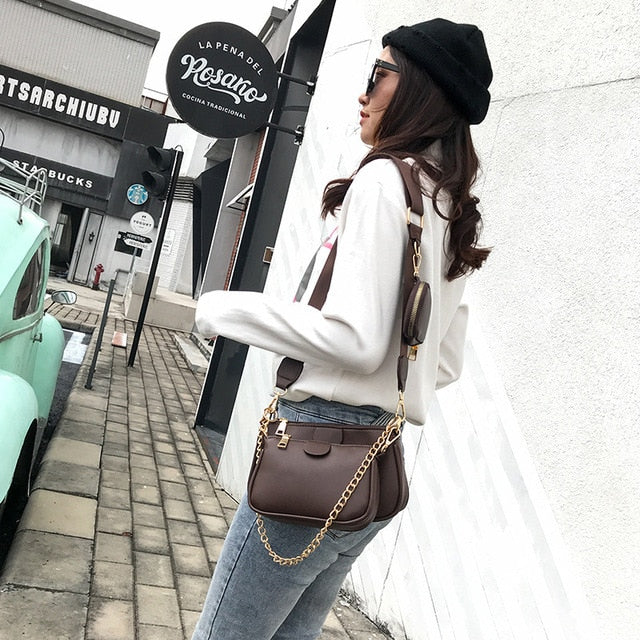 Fashion chains women shoulder bags leather lady small purse 3 bag set