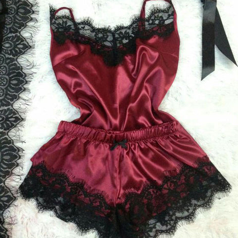 Image of Sleepwear Silk Sexy Satin Pajama Set Black Lace V-Neck