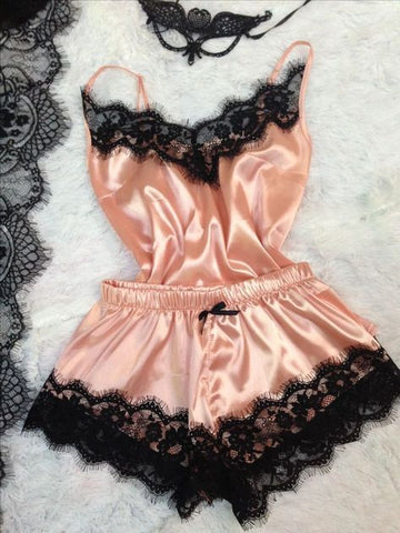 Image of Sleepwear Silk Sexy Satin Pajama Set Black Lace V-Neck