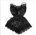 Image of Sleepwear Silk Sexy Satin Pajama Set Black Lace V-Neck
