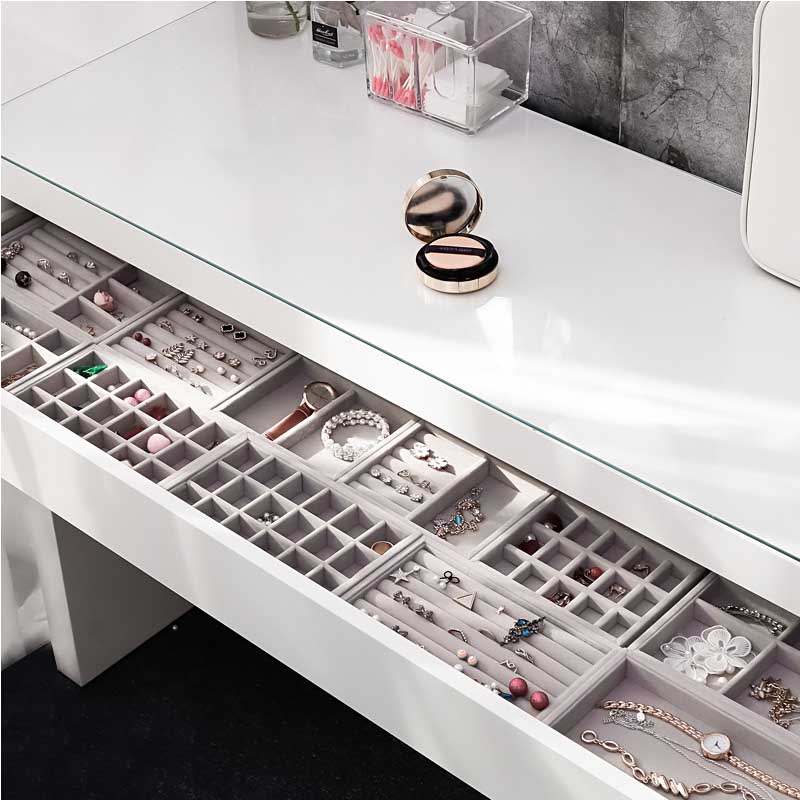 Jewelry Box Drawer Storage Organizer Gray Soft Velvet