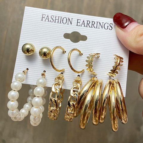 Image of 17KM Pearl Hoop Earrings Set For Women Geometric Metal Gold Color