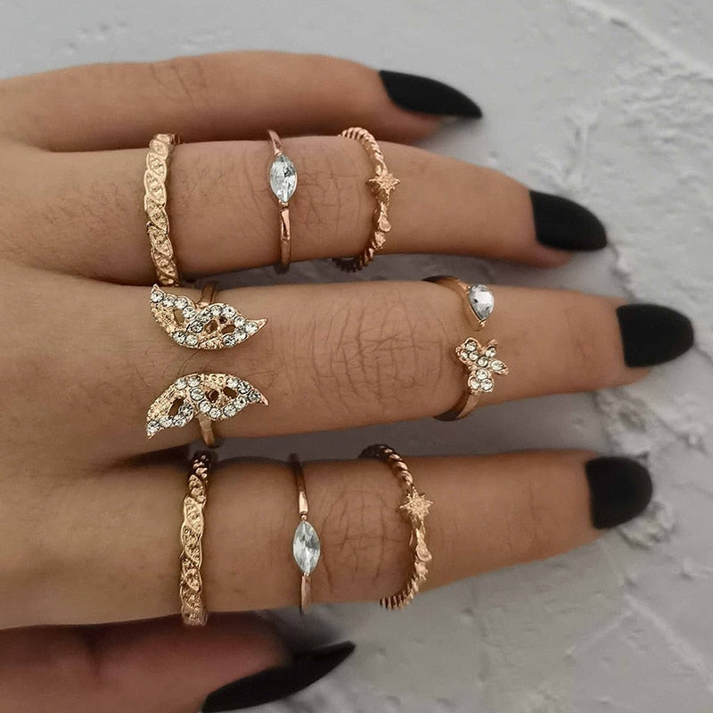 17 Pcs/set Boho Vintage Gold Color Crystal Opal Gem Ring Set Crown