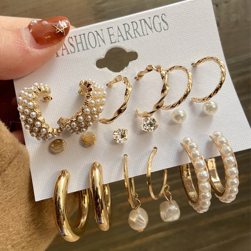 17KM Pearl Hoop Earrings Set For Women Geometric Metal Gold Color