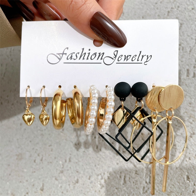 17KM Pearl Hoop Earrings Set For Women Geometric Metal Gold Color