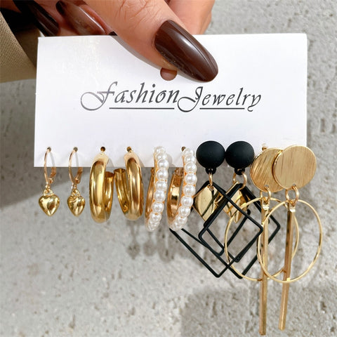Image of 17KM Pearl Hoop Earrings Set For Women Geometric Metal Gold Color