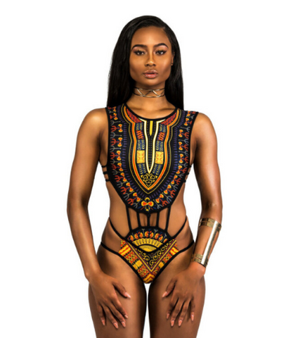 Image of High waist swimsuit with African design.