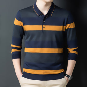 Men Polo Shirt Long Sleeve Button Collar