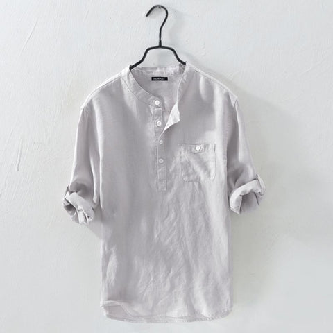Image of Men Shirt Cotton 3/4 Sleeve Stand Collar