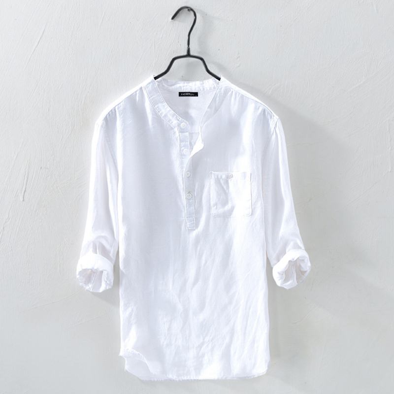 Men Shirt Cotton 3/4 Sleeve Stand Collar