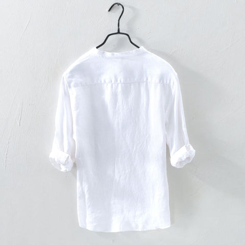 Image of Men Shirt Cotton 3/4 Sleeve Stand Collar