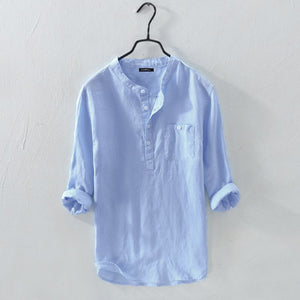 Men Shirt Cotton 3/4 Sleeve Stand Collar