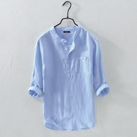 Image of Men Shirt Cotton 3/4 Sleeve Stand Collar