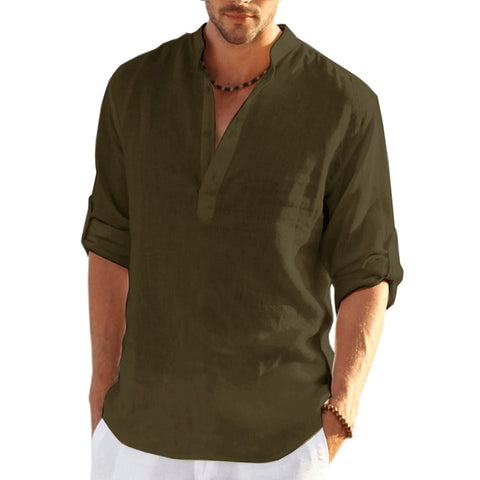 Image of Casual Shirt Linen Long Sleeve cotton Solid Color o