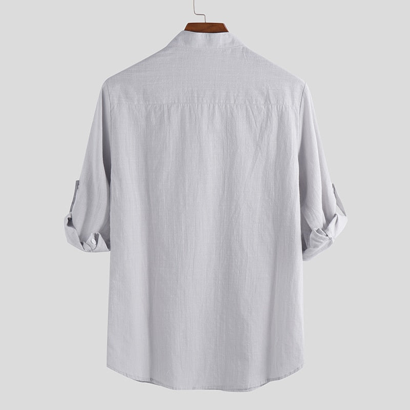 Men Shirt Cotton 3/4 Sleeve Stand Collar