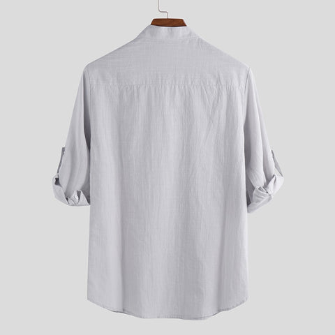 Image of Men Shirt Cotton 3/4 Sleeve Stand Collar