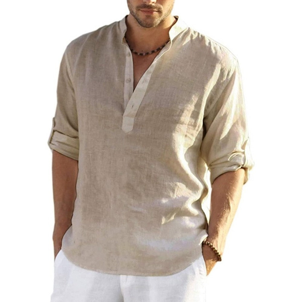 Casual Shirt Linen Long Sleeve cotton Solid Color o