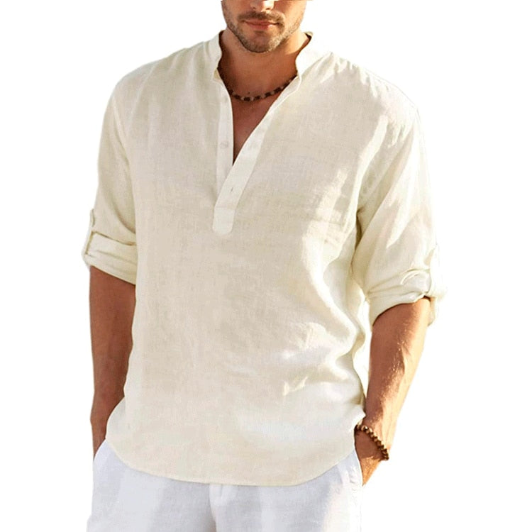 Casual Shirt Linen Long Sleeve cotton Solid Color o