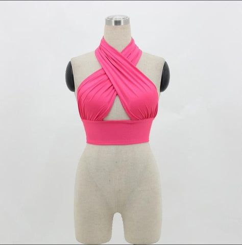 Image of Women Strappy Cross Over Front Cut Out Halter Neck Sleeveless Backless Crop Top Bandage Vest Summer Sexy Tops Woman Clothes S-XL