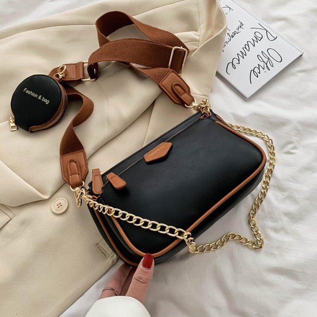 Fashion chains women shoulder bags leather lady small purse 3 bag set
