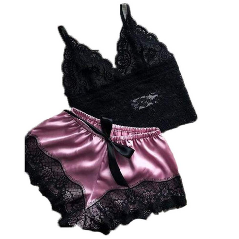 Image of 2PCS Women Underwear Sexy Silk Satin Lingerie Pajamas