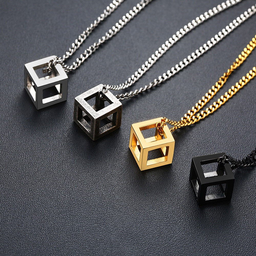 Punk Hollow Cube Pendient Necklaces for Men Women